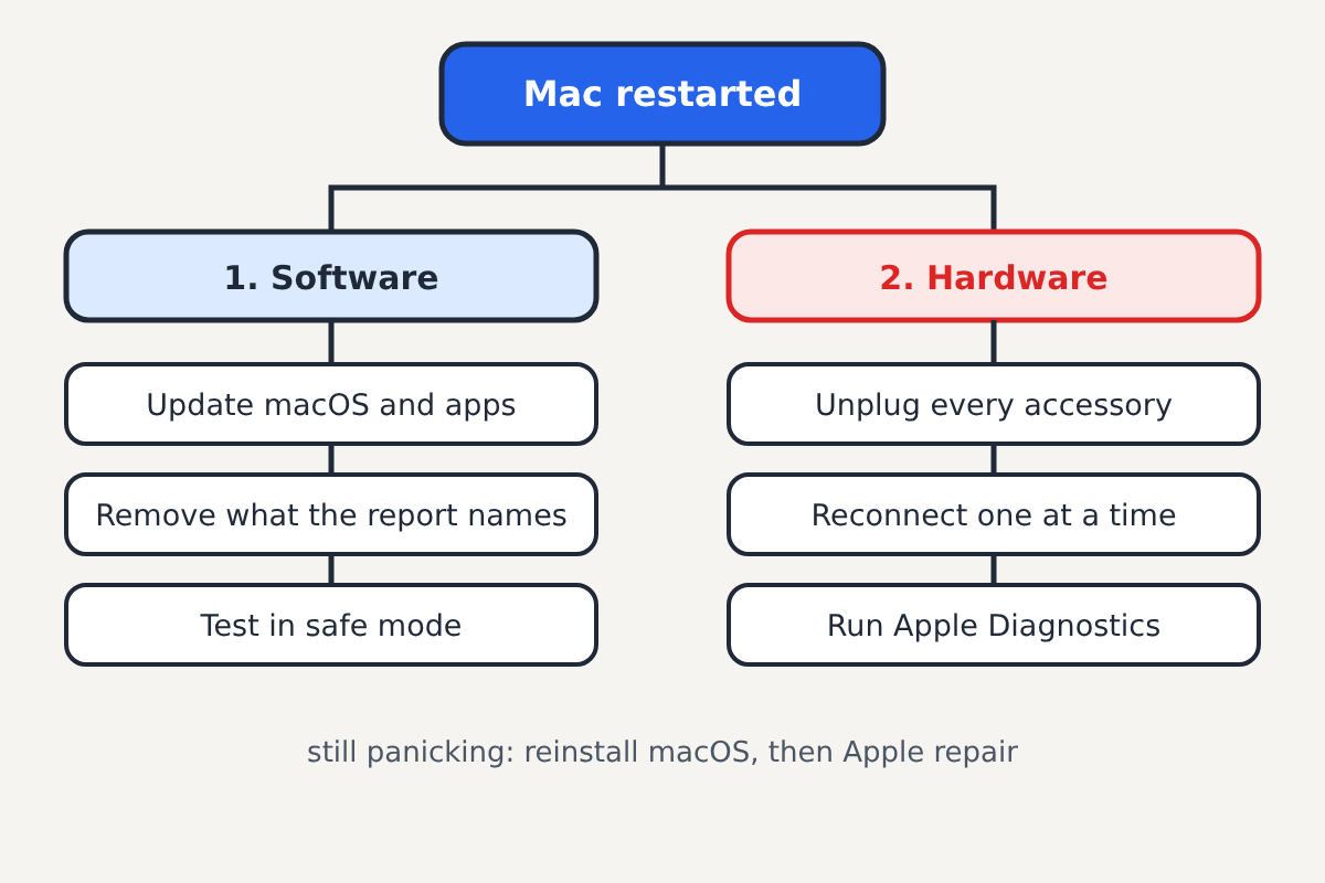 Illustration of a chart labelled Mac restarted with two branches. 1. Software: Update macOS and apps, Remove what the report names, Test in safe mode. 2. Hardware: Unplug every accessory, Reconnect one at a time, Run Apple Diagnostics. Footnote: still panicking: reinstall macOS, then Apple repair