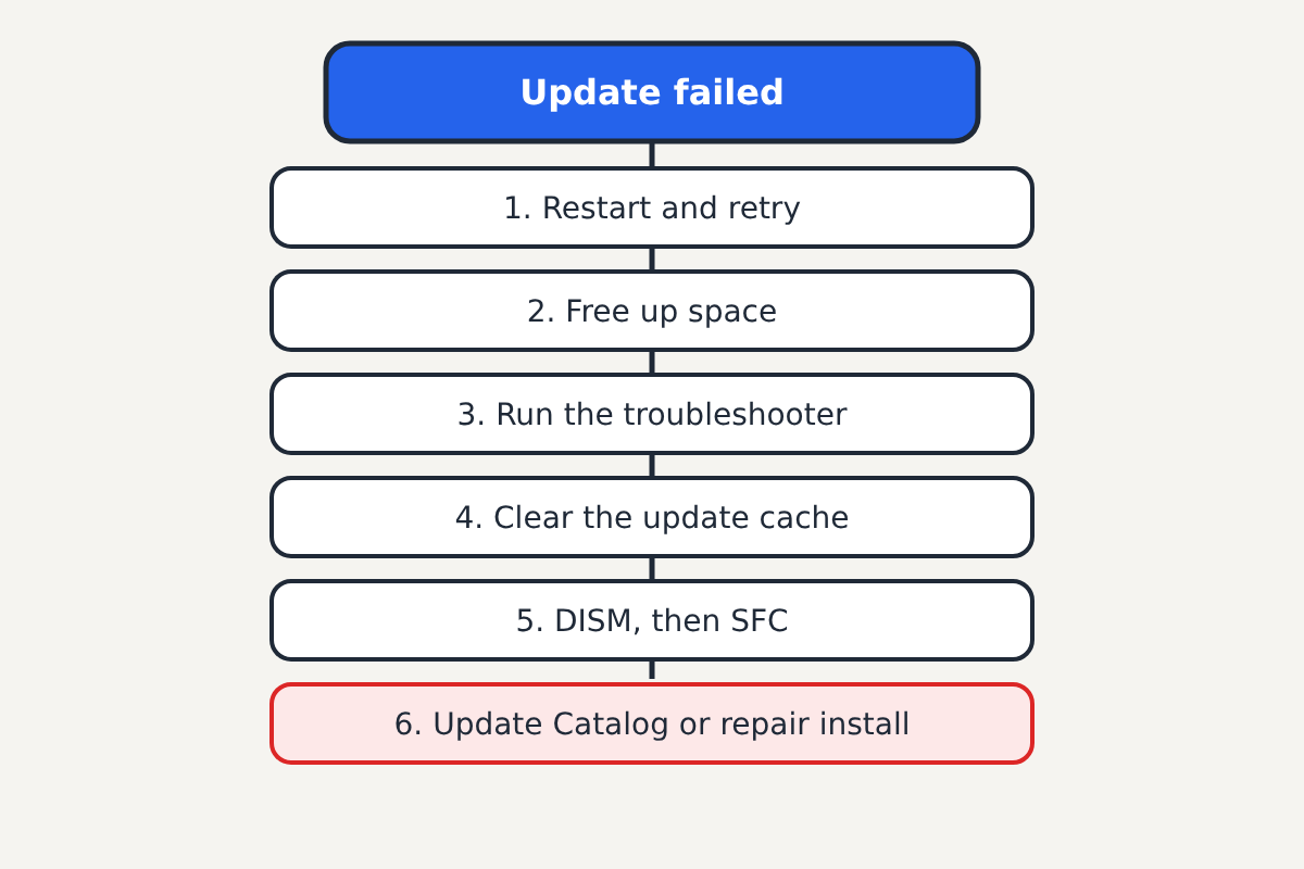 Illustration of a troubleshooting path labelled Update failed: 1. Restart and retry, 2. Free up space, 3. Run the troubleshooter, 4. Clear the update cache, 5. DISM, then SFC, 6. Update Catalog or repair install
