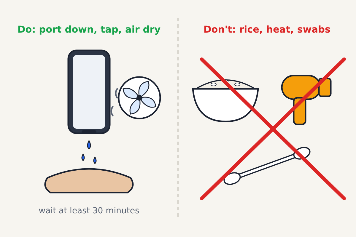 Illustration of the right and wrong way to dry an iPhone port: on the left a phone held port-down over an open palm with drops falling out, beside a fan icon for airflow, labelled Do: port down, tap, air dry; on the right a bowl of rice, a hair dryer and a cotton swab crossed out, labelled Don't: rice, heat, swabs